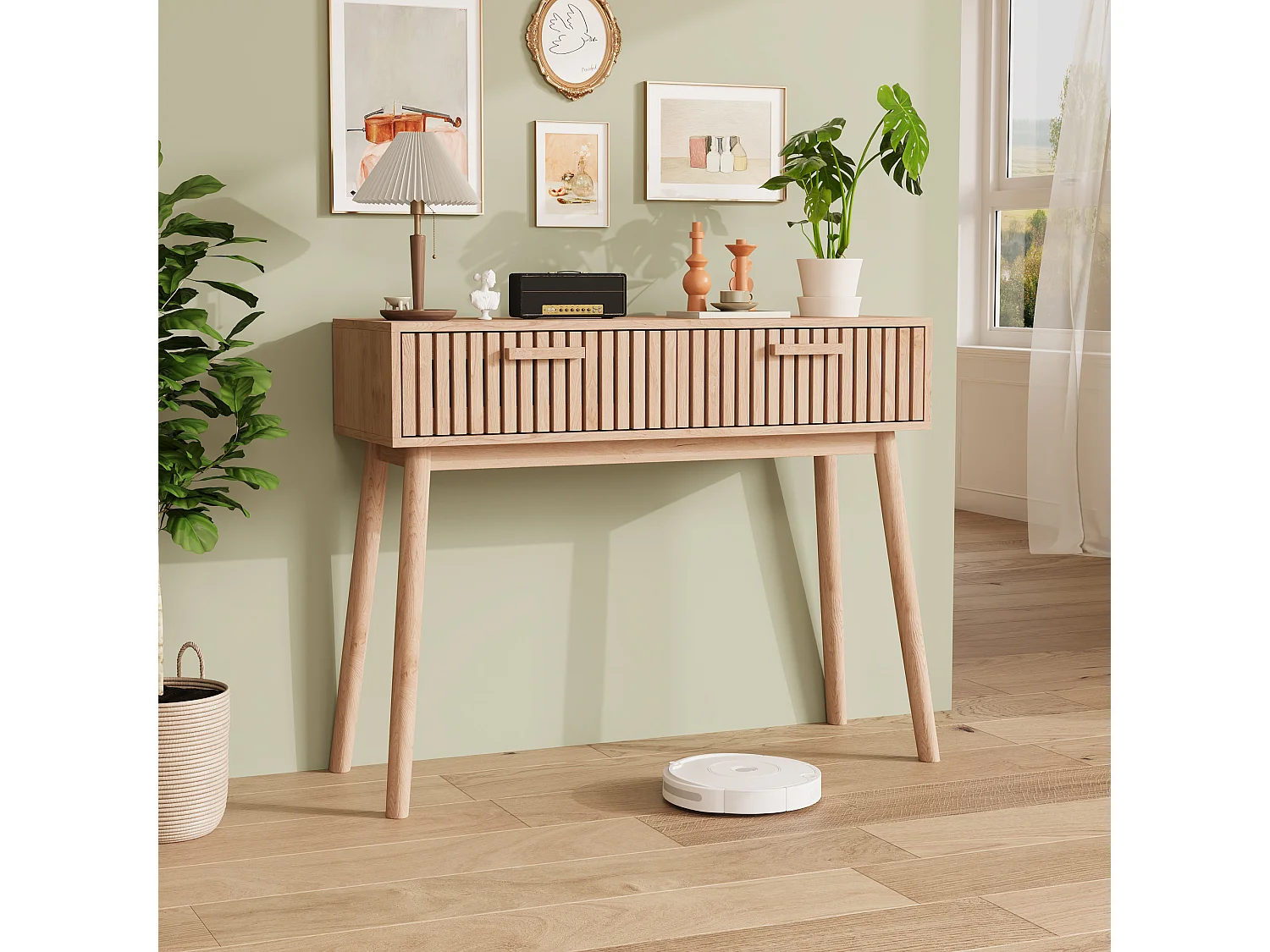 Console d'Entrée / Table de Canapé en Bois Massif Naturel avec 2 Tiroirs, Grande Capacité de Rangement, Système Anti-Basculement