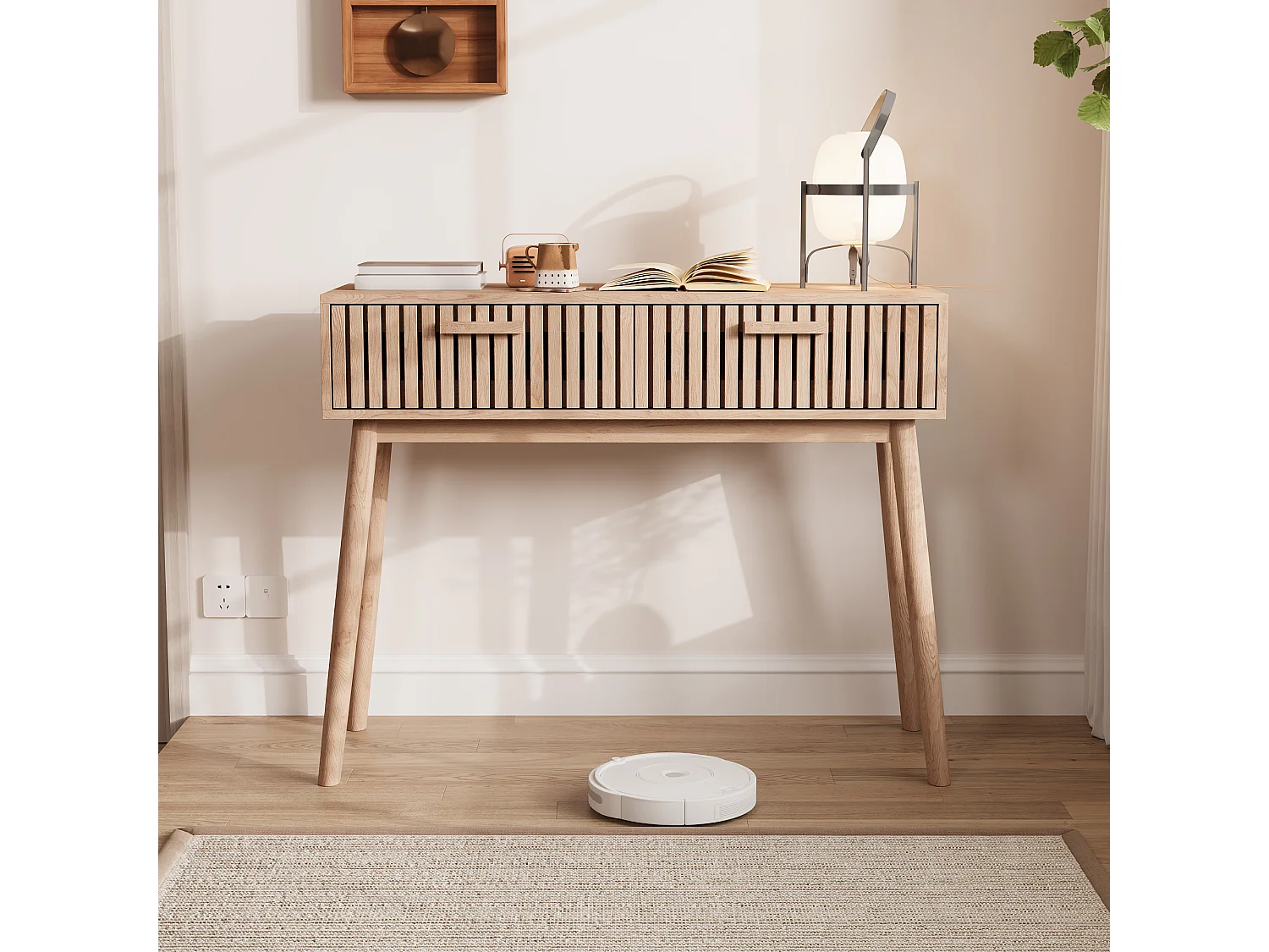 Console d'Entrée / Table de Canapé en Bois Massif Naturel avec 2 Tiroirs, Grande Capacité de Rangement, Système Anti-Basculement
