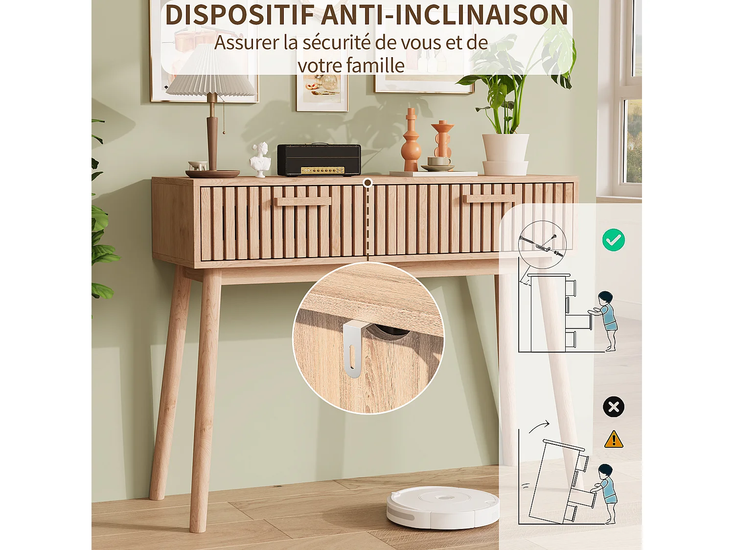 Console d'Entrée / Table de Canapé en Bois Massif Naturel avec 2 Tiroirs, Grande Capacité de Rangement, Système Anti-Basculement