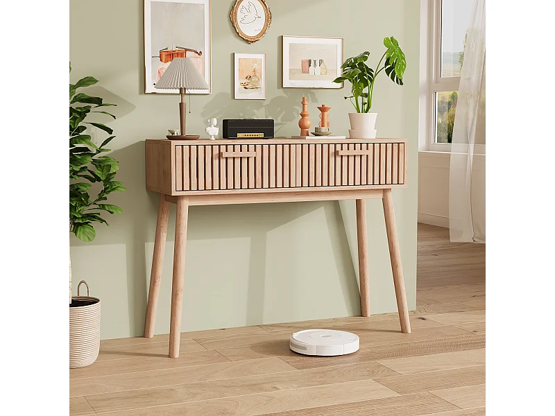 Console d'Entrée / Table de Canapé en Bois Massif Naturel avec 2 Tiroirs, Grande Capacité de Rangement, Système Anti-Basculement