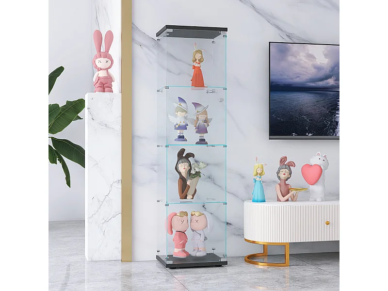 Vitrine en verre à 4 étagères avec porte, bibliothèque sur pied pour salon, chambre à coucher, bureau, verre trempé, noire