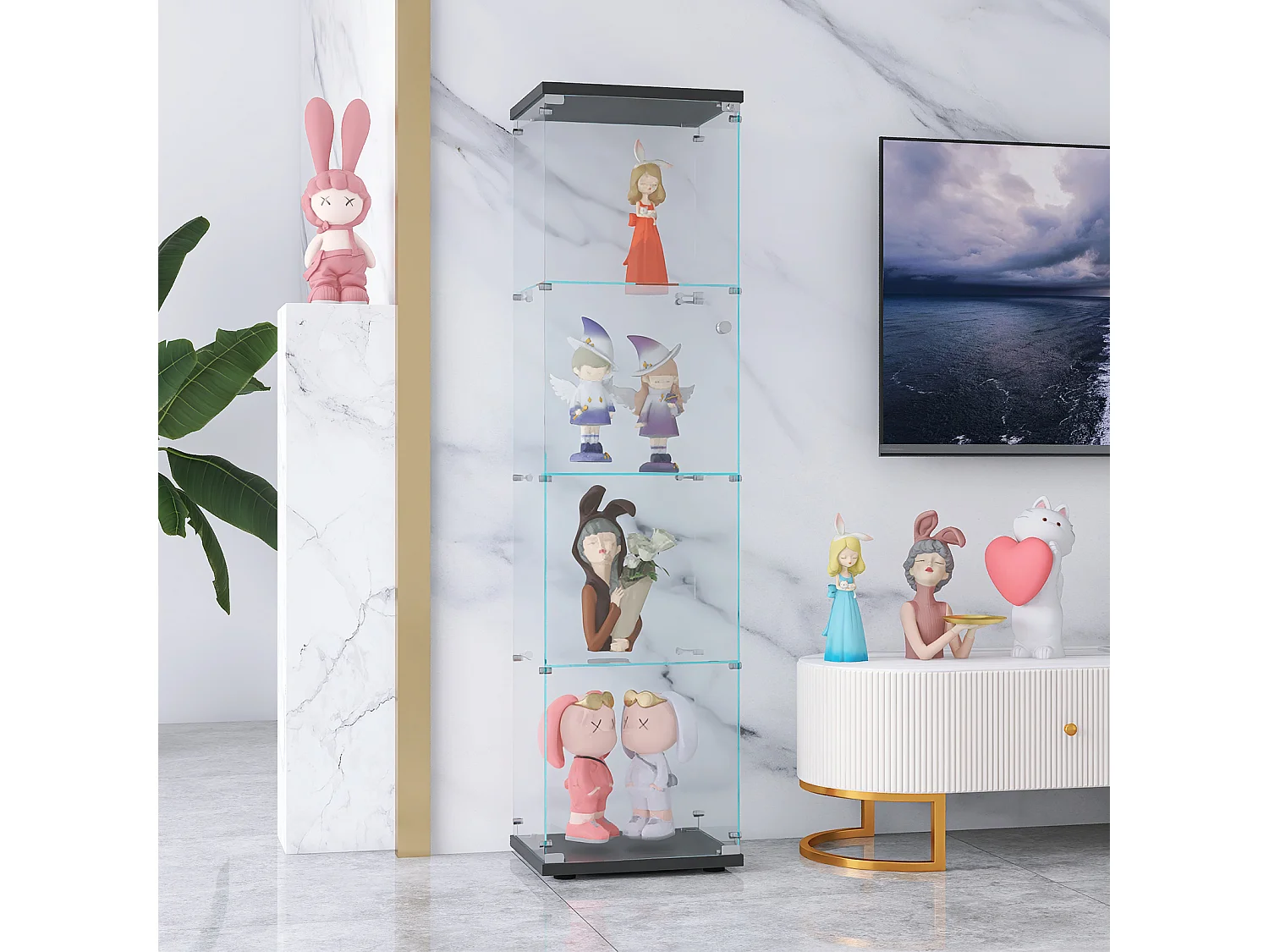 Vitrine en verre à 4 étagères avec porte, bibliothèque sur pied pour salon, chambre à coucher, bureau, verre trempé, noire