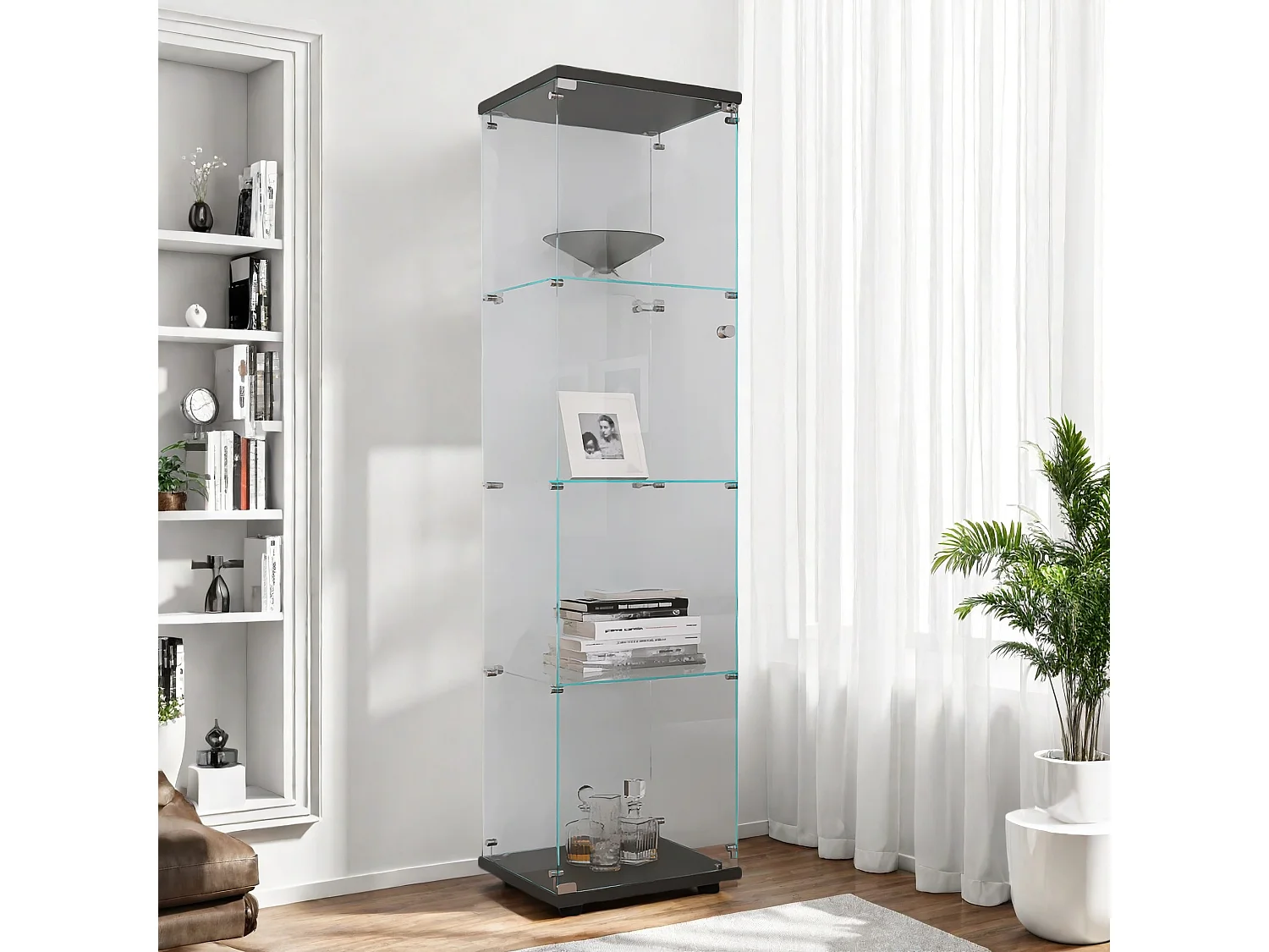 Vitrine en verre à 4 étagères avec porte, bibliothèque sur pied pour salon, chambre à coucher, bureau, verre trempé, noire