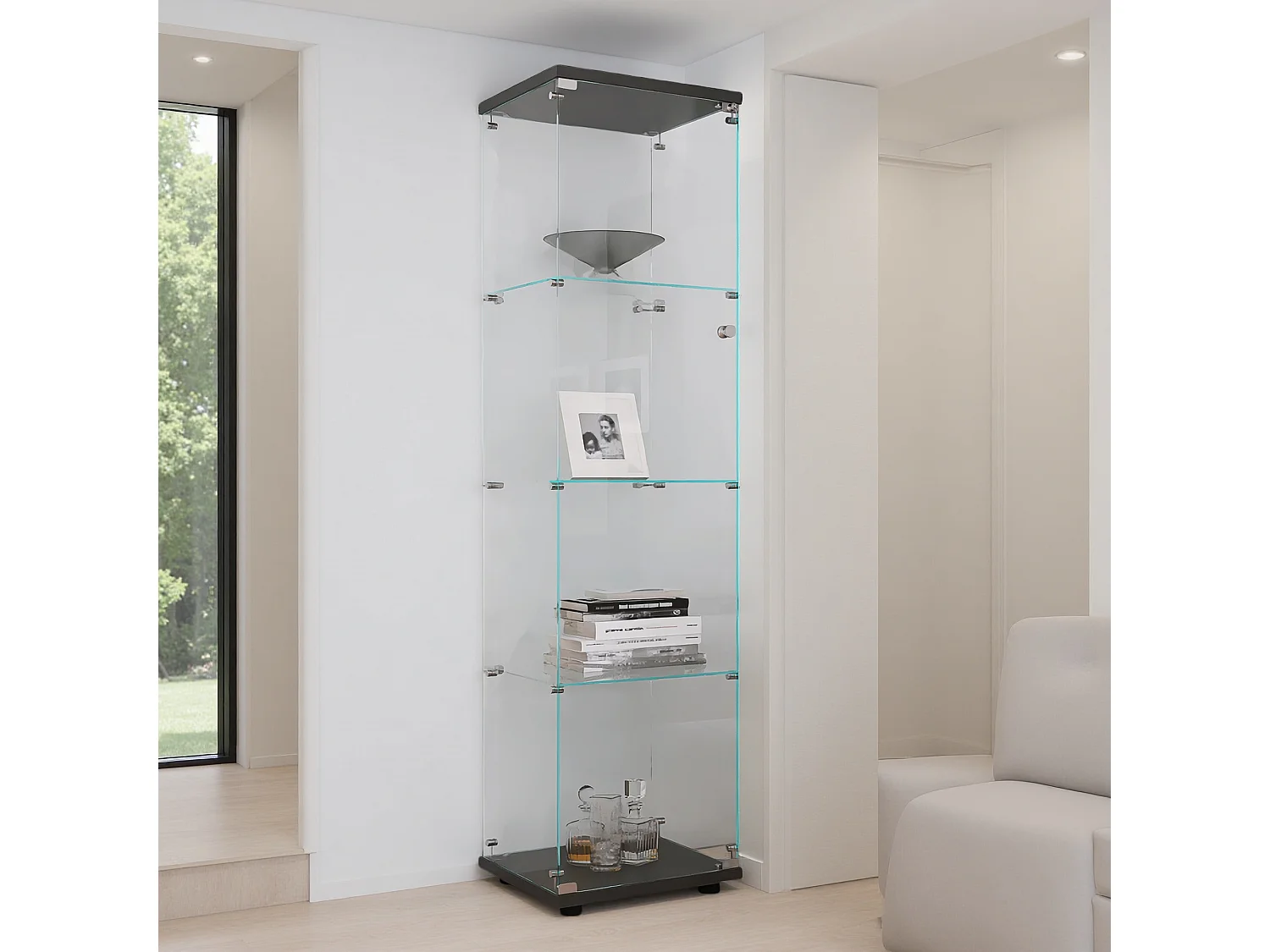 Vitrine en verre à 4 étagères avec porte, bibliothèque sur pied pour salon, chambre à coucher, bureau, verre trempé, noire