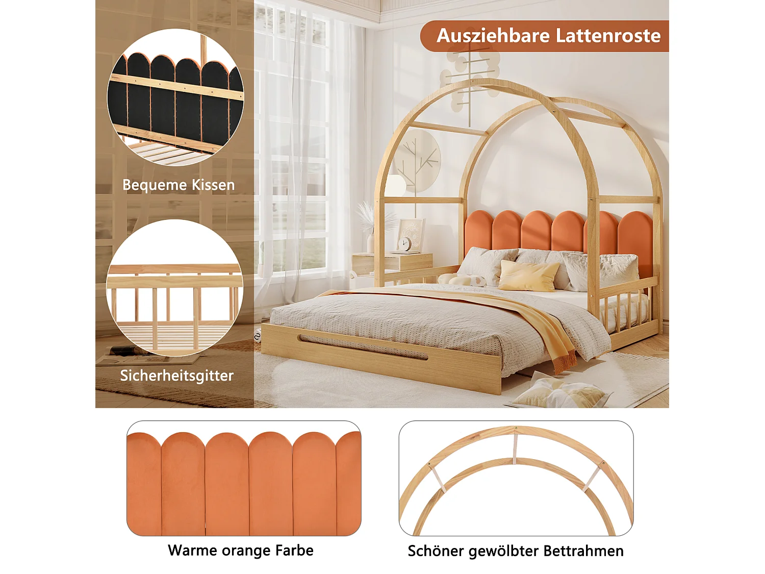 Lit cabane enfant extensible 140x100-200 cm avec lit gigogne, cadre en pin, coussins en velours, coloris bois naturel et orange