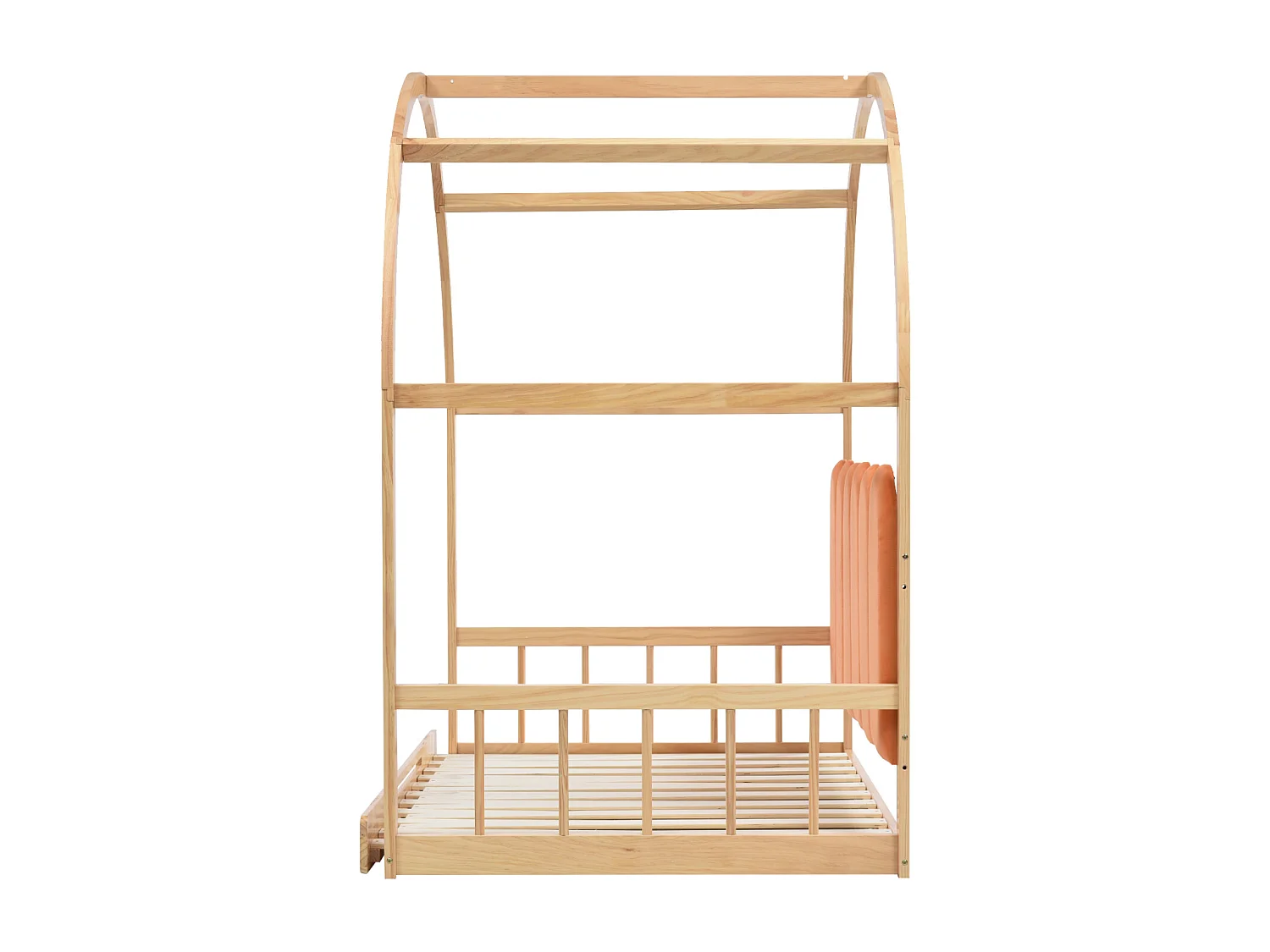 Lit cabane enfant extensible 140x100-200 cm avec lit gigogne, cadre en pin, coussins en velours, coloris bois naturel et orange