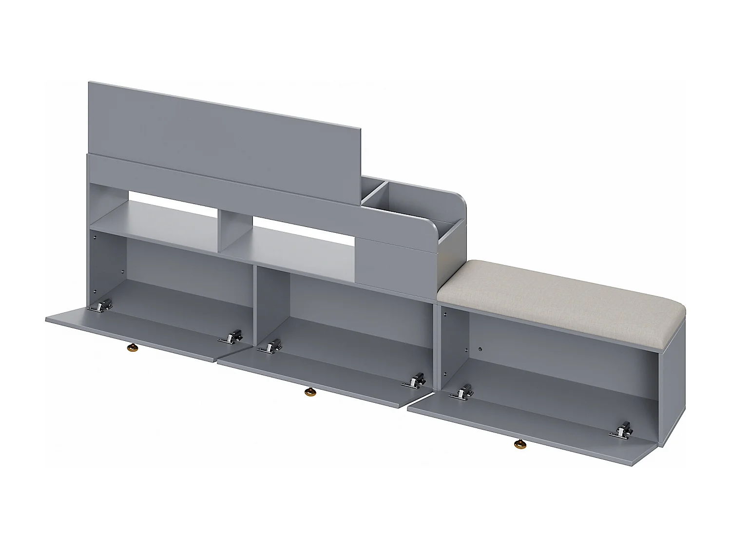 Lit combiné 140x200 cm en bois massif gris avec tête de lit coffre, tiroirs, table de chevet, rangement long et banquette