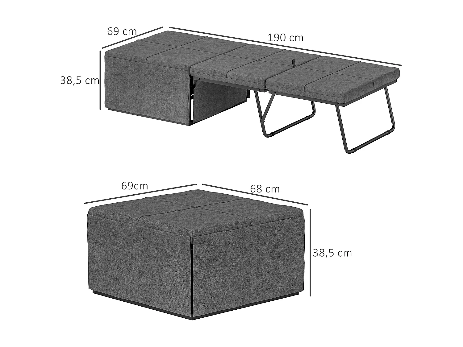 Lit pliant environ 190x60 cm avec matelas en mousse 8 cm, robuste jusqu'à 120 kg, idéal bureau ou chambre d'amis, gris
