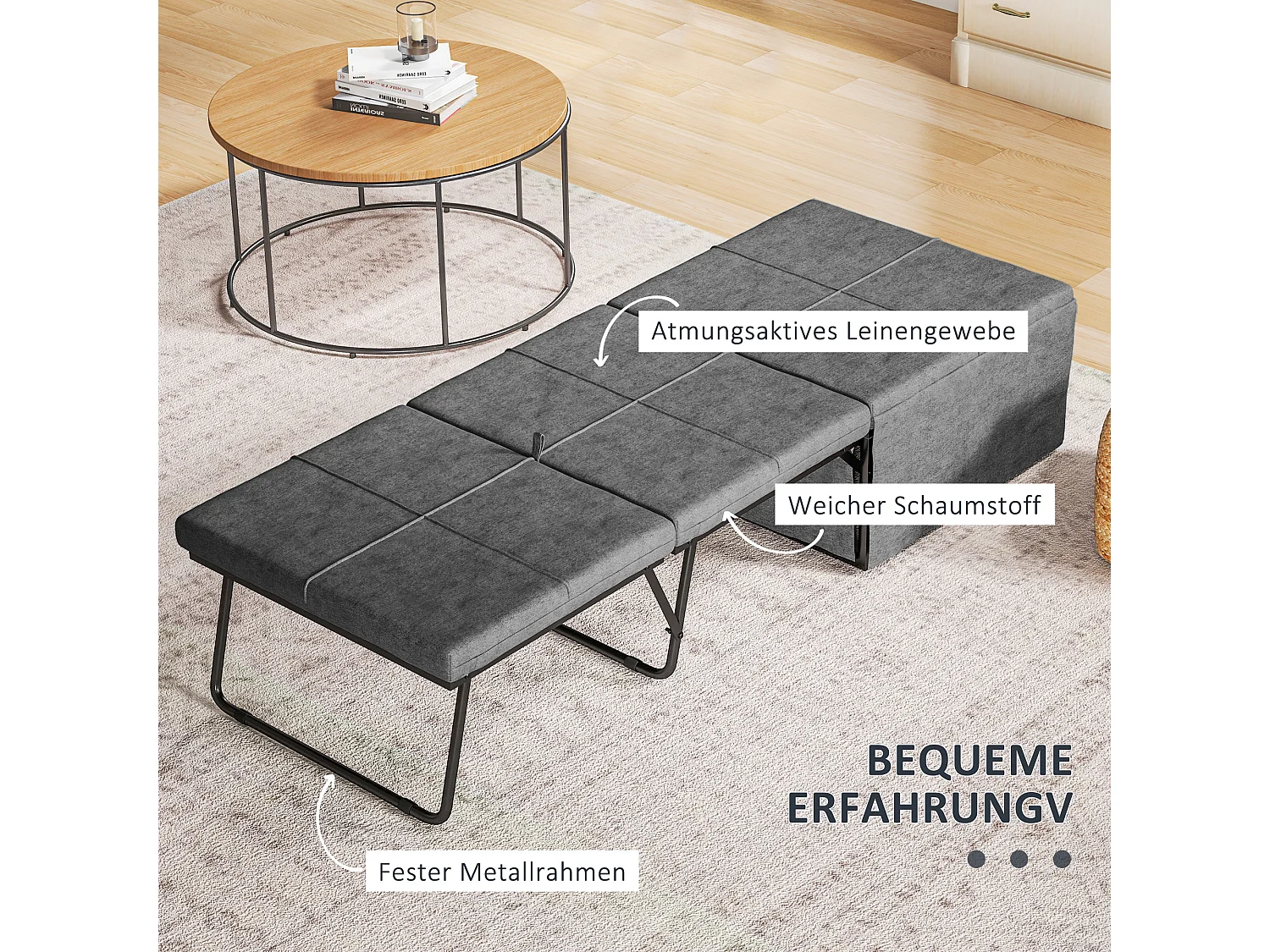 Lit pliant environ 190x60 cm avec matelas en mousse 8 cm, robuste jusqu'à 120 kg, idéal bureau ou chambre d'amis, gris