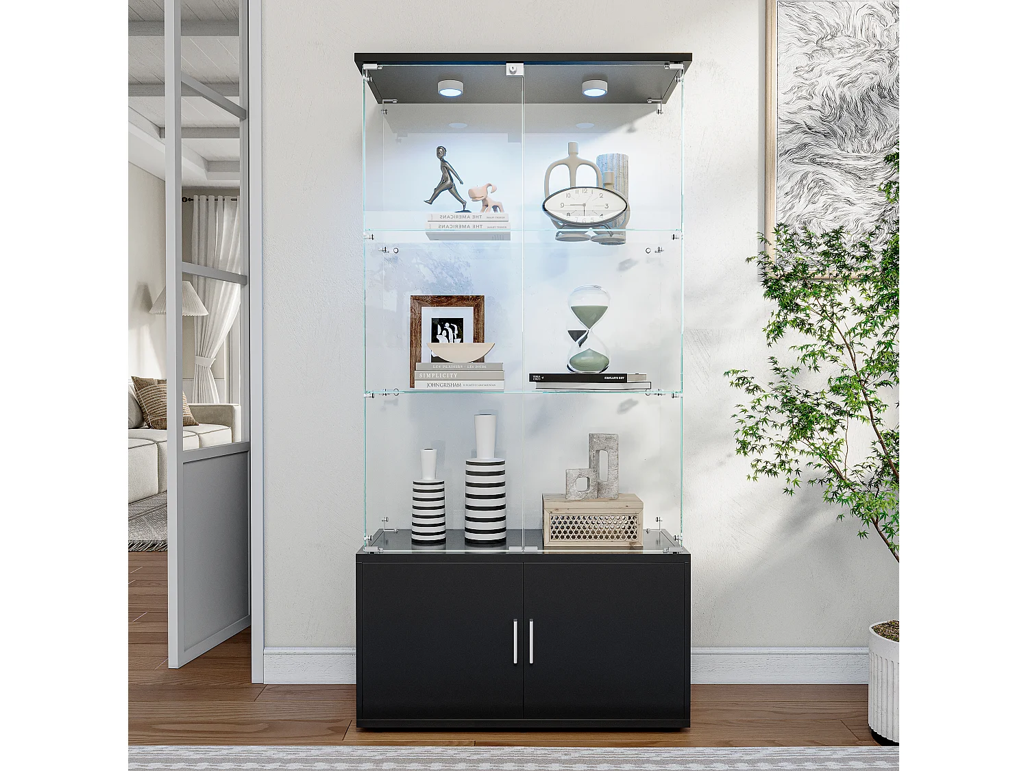 Vetrina a 3 Ripiani con Illuminazione LED, Vetro Temperato e Struttura in Metallo, Design Moderno Bianco e Nero – Ideale per Soggiorno, Camera o Ufficio