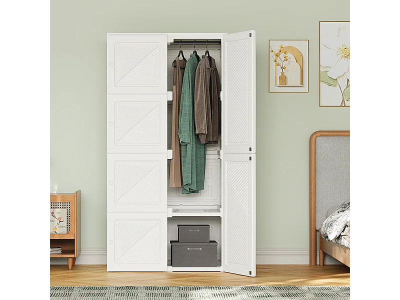 Armoire portable pliable blanche à 6 portes et 5 compartiments avec penderie – rangement modulable, installation facile et grande capacité
