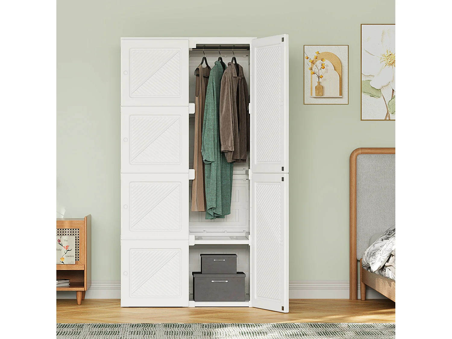 Armario portátil plegable blanco con 6 puertas y 5 compartimentos con barra para colgar ropa: almacenamiento modular, fácil montaje y gran capacidad.