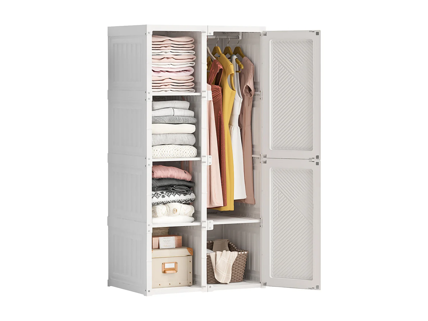 Armario portátil plegable blanco con 6 puertas y 5 compartimentos con barra para colgar ropa: almacenamiento modular, fácil montaje y gran capacidad.