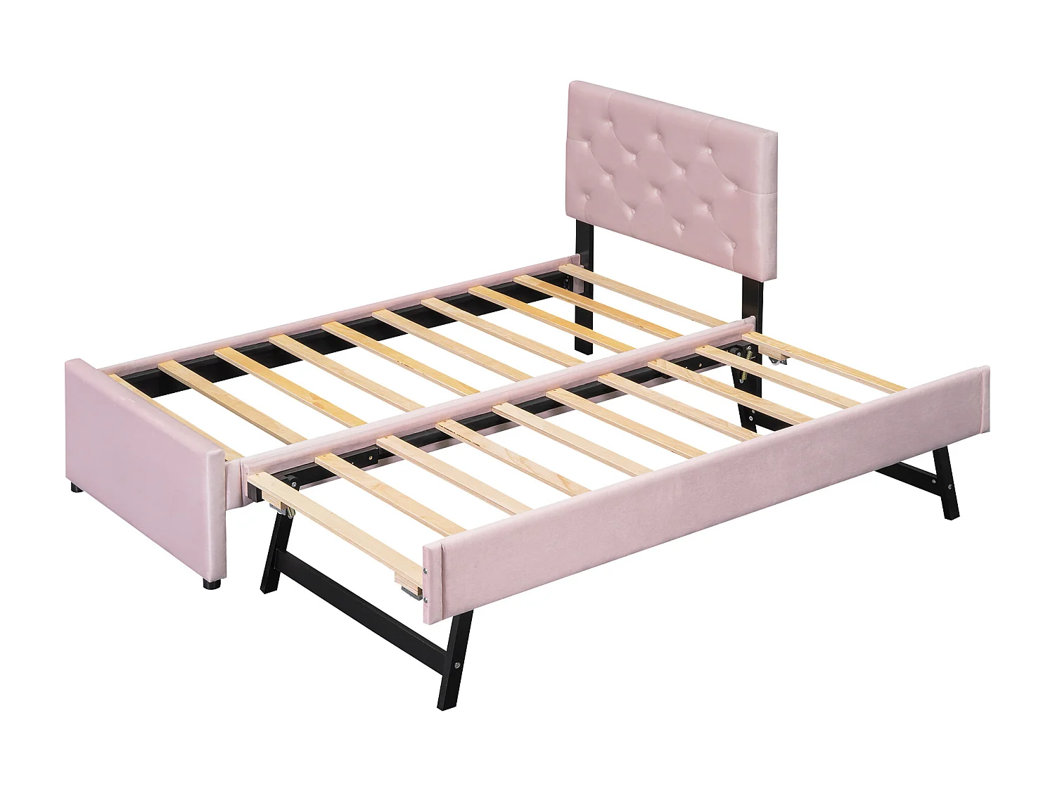 Lit simple 90x200 cm en velours rose avec sommier à lattes et tiroir roulant – lit minimaliste sans matelas, élégant et pratique