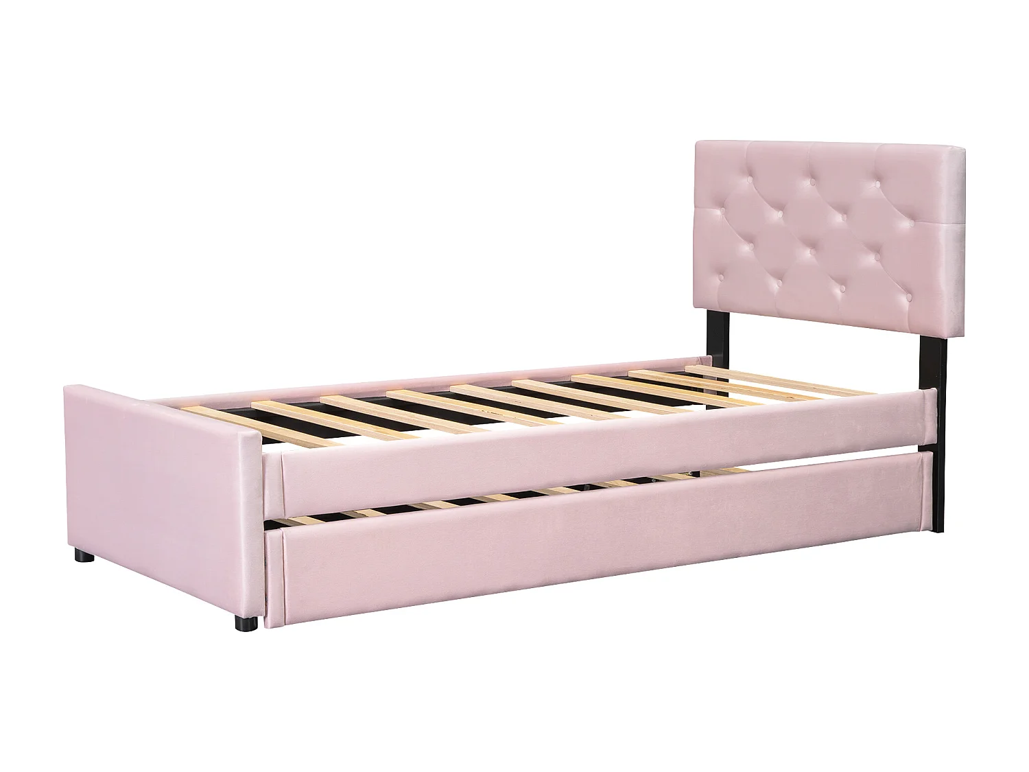 Lit simple 90x200 cm en velours rose avec sommier à lattes et tiroir roulant – lit minimaliste sans matelas, élégant et pratique