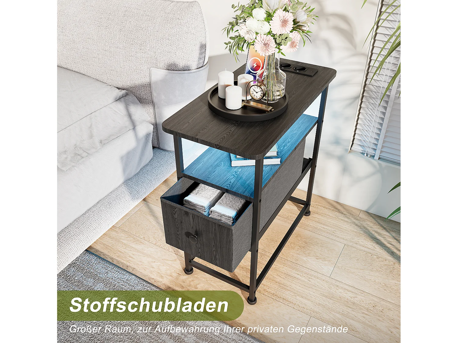 Zwarte LED-bijzettafel met enkele lade en EU-stekker – Modern design, praktische opbergruimte en hightechfuncties