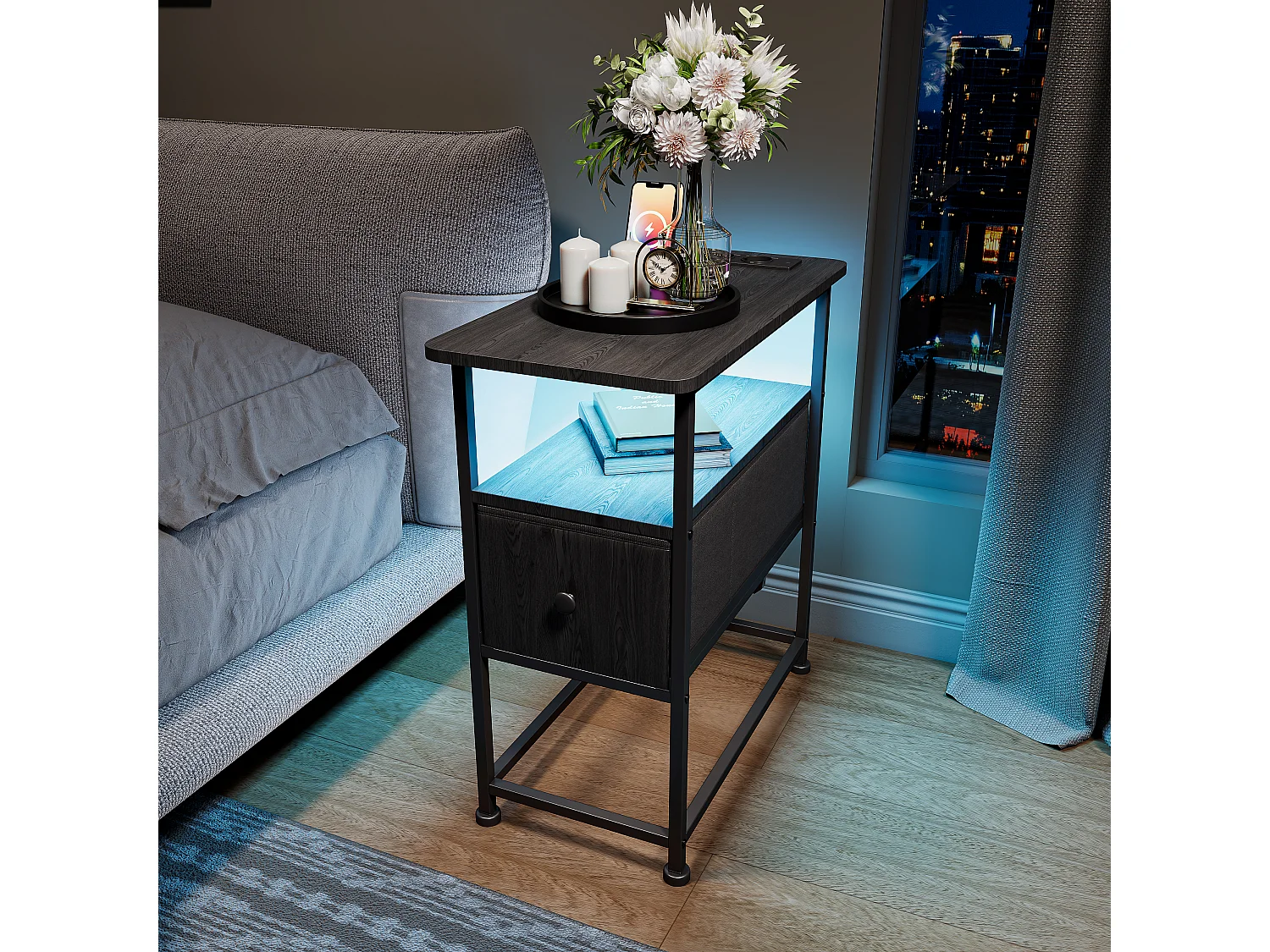 Table d'appoint LED noire avec tiroir unique et prise EU – Design moderne, rangement pratique et fonctionnalités high-tec