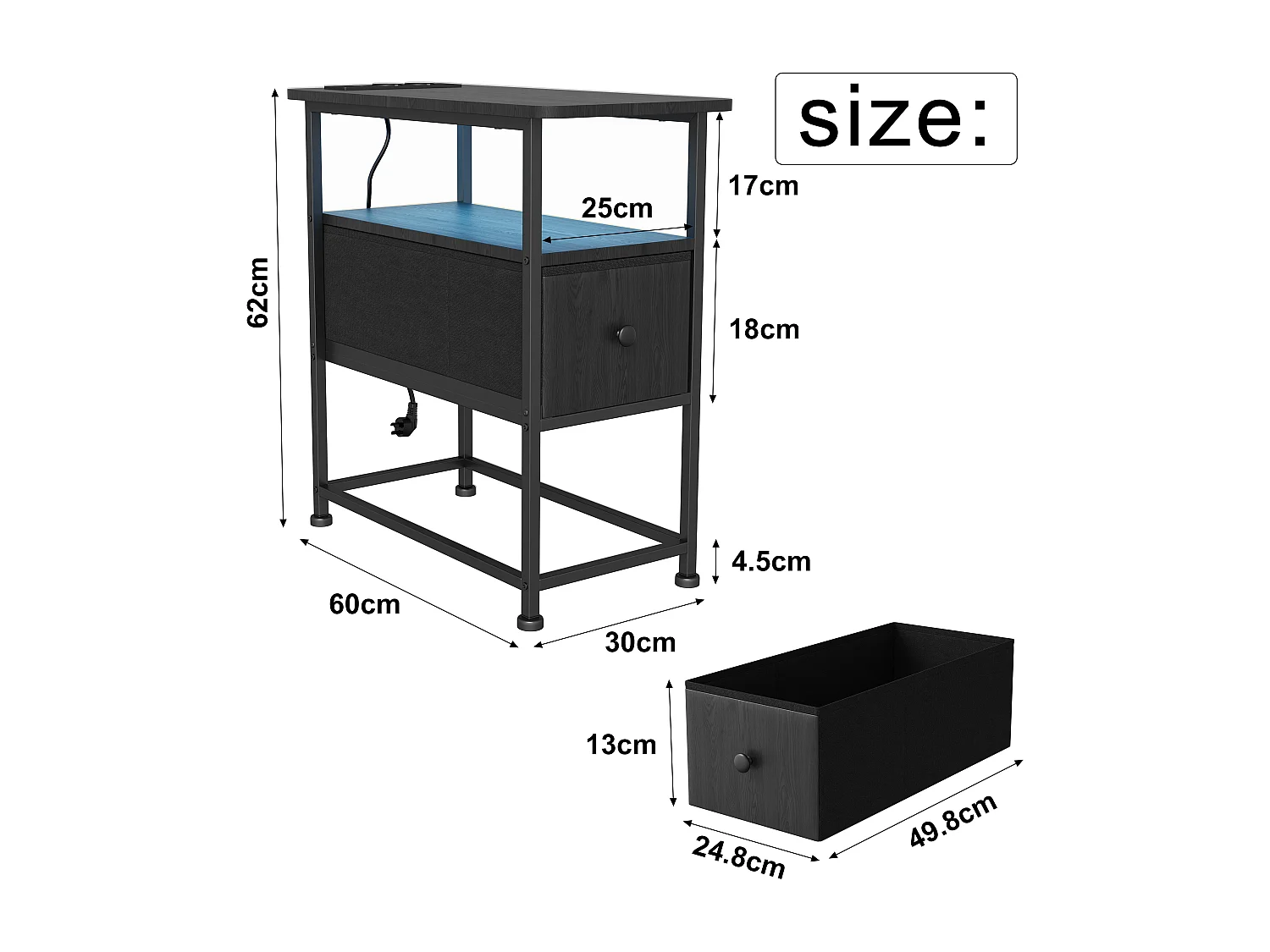 Table d'appoint LED noire avec tiroir unique et prise EU – Design moderne, rangement pratique et fonctionnalités high-tec