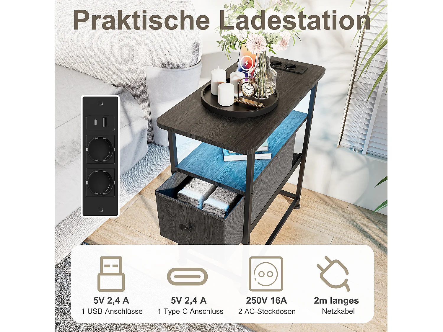 Table d'appoint LED noire avec tiroir unique et prise EU – Design moderne, rangement pratique et fonctionnalités high-tec