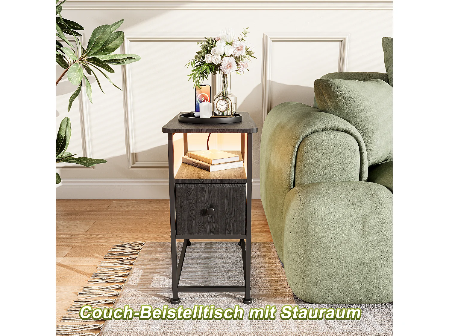 Table d'appoint LED noire avec tiroir unique et prise EU – Design moderne, rangement pratique et fonctionnalités high-tec