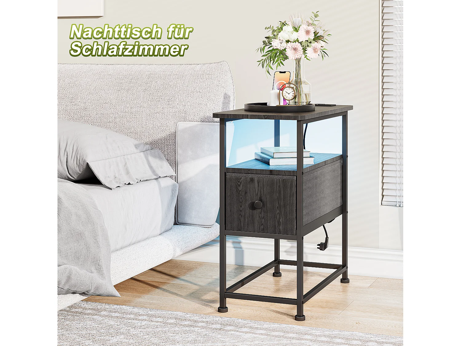 Table d'appoint LED noire avec tiroir unique et prise EU – Design moderne, rangement pratique et fonctionnalités high-tec