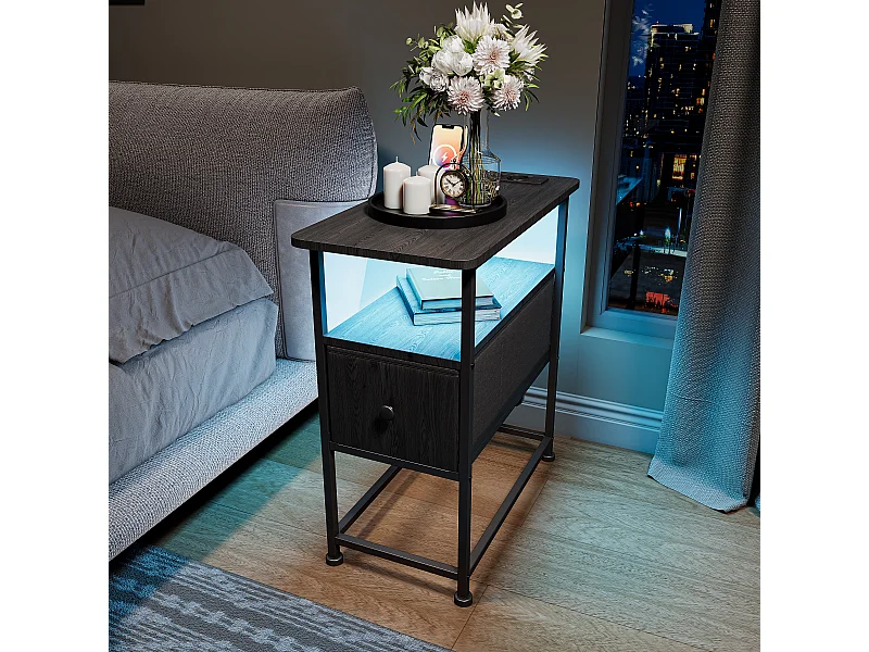 Tavolino laterale LED nero con cassetto singolo e spina UE: design moderno, pratico contenitore e caratteristiche high-tech