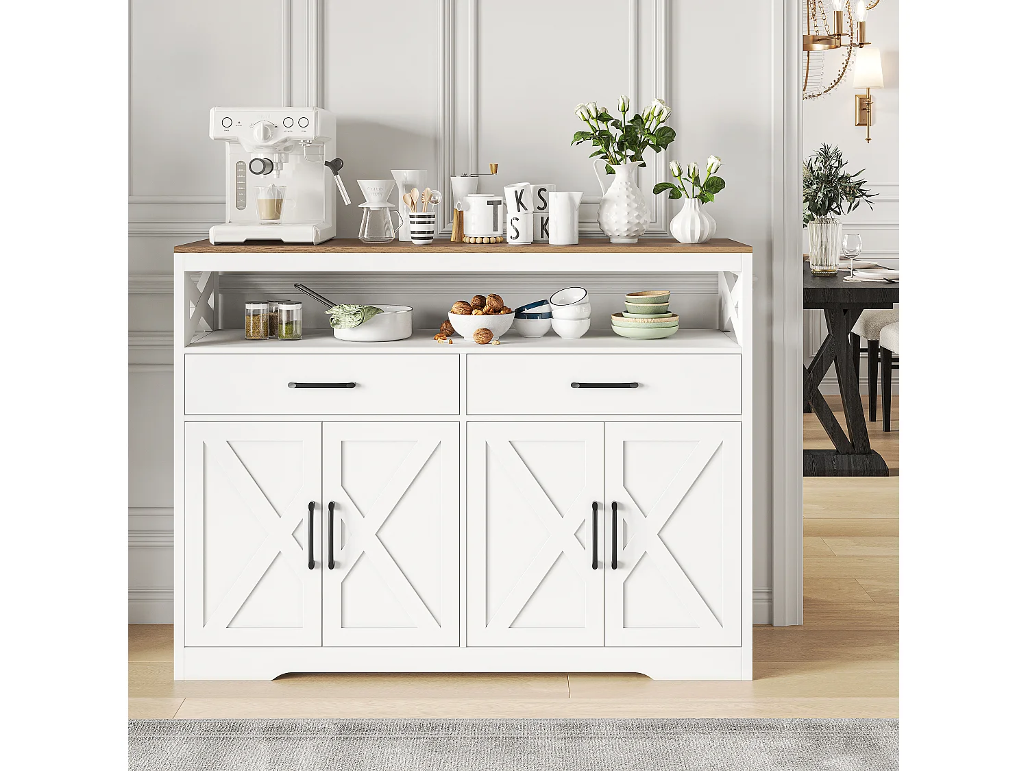 Buffet blanc et bois avec 2 tiroirs, 2 portes et étagères ouvertes - design élégant, rangement fonctionnel et gain de place