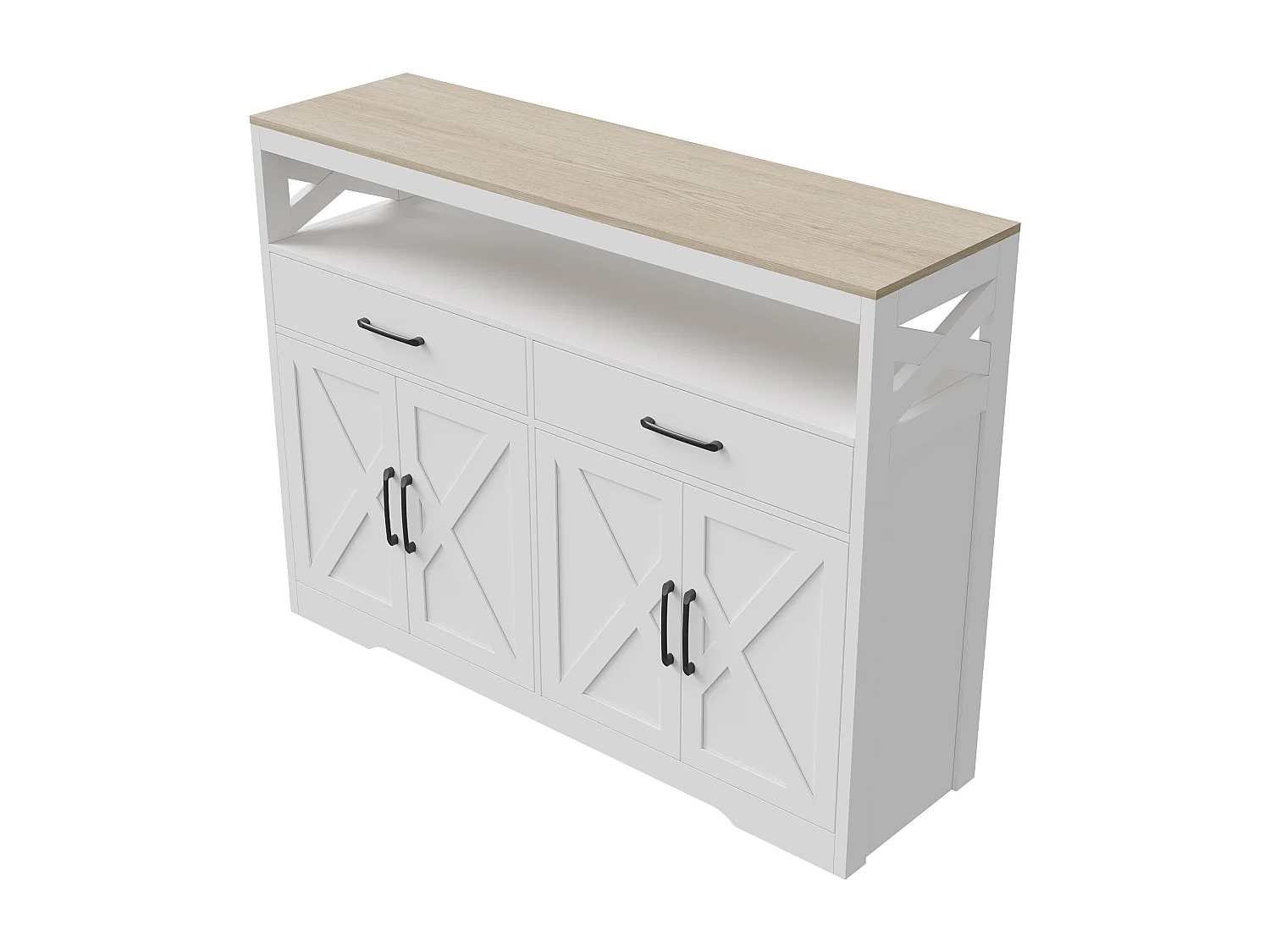 Buffet blanc et bois avec 2 tiroirs, 2 portes et étagères ouvertes - design élégant, rangement fonctionnel et gain de place