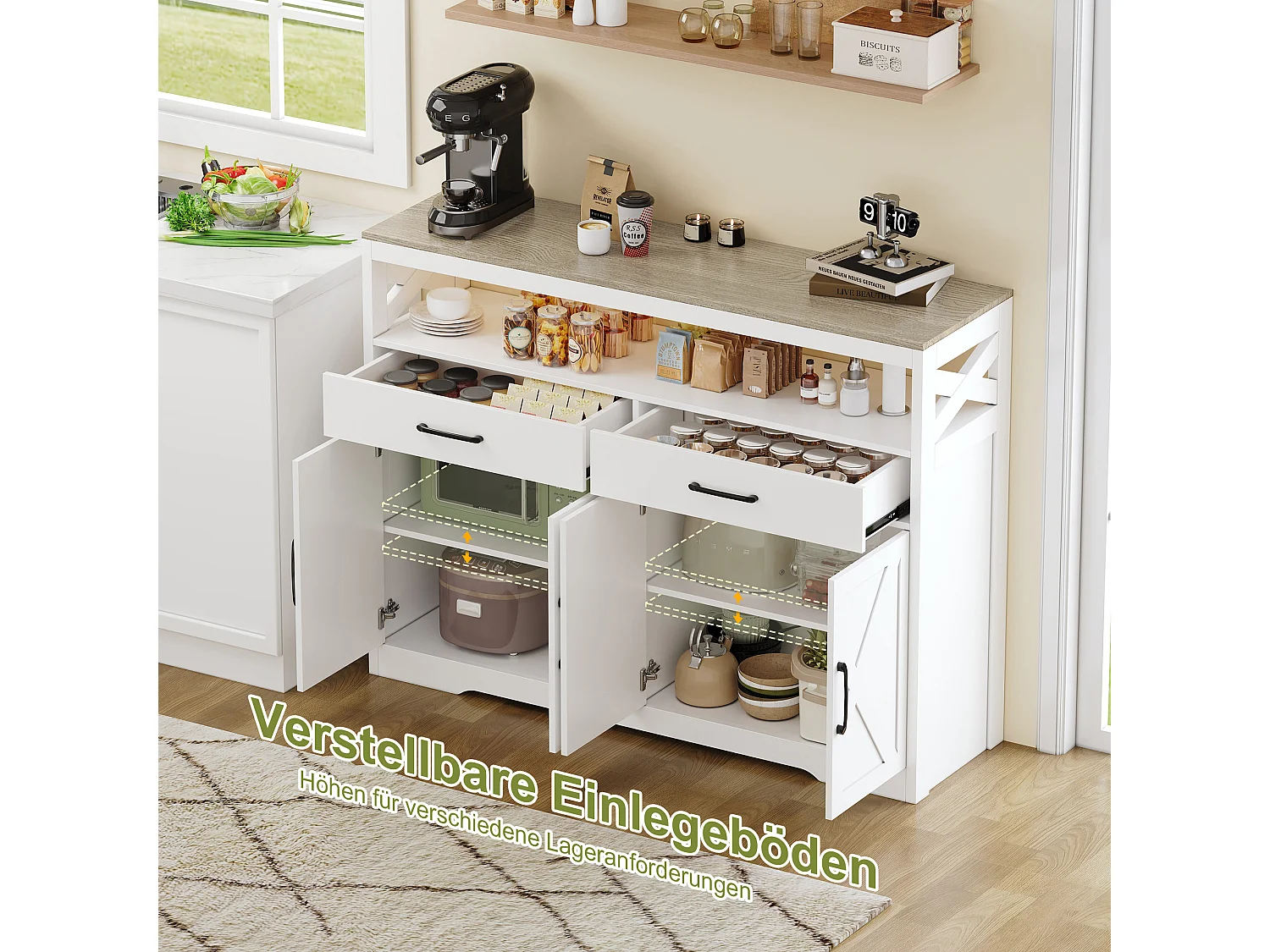 Buffet blanc et bois avec 2 tiroirs, 2 portes et étagères ouvertes - design élégant, rangement fonctionnel et gain de place