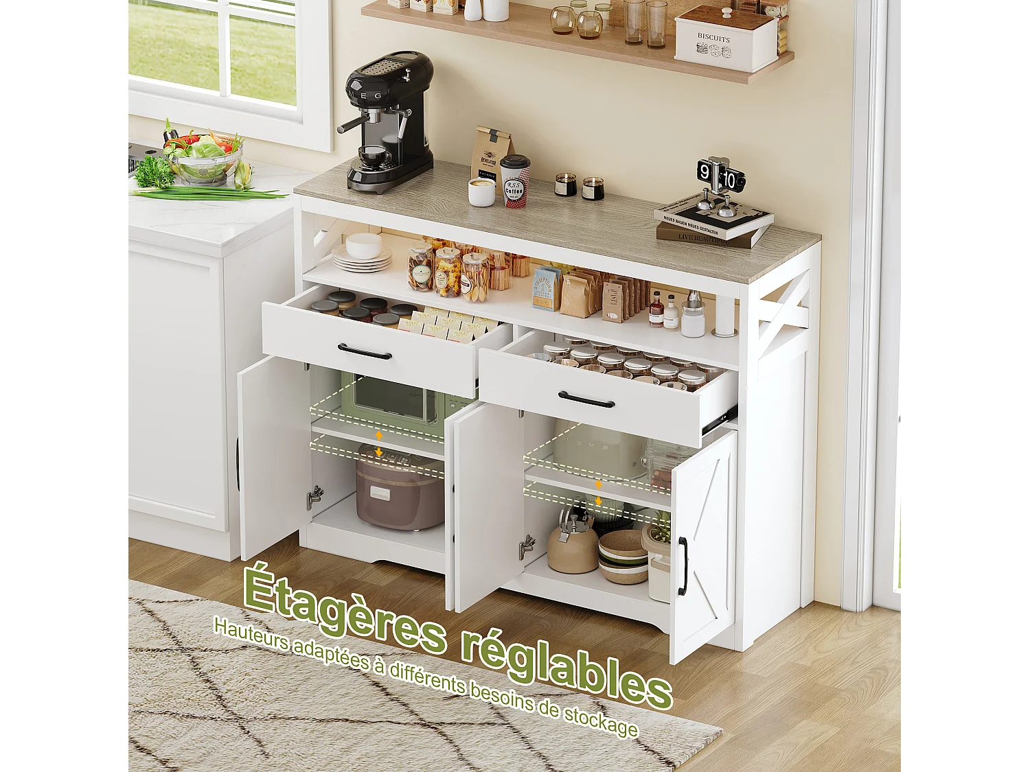 Buffet blanc et bois avec 2 tiroirs, 2 portes et étagères ouvertes - design élégant, rangement fonctionnel et gain de place