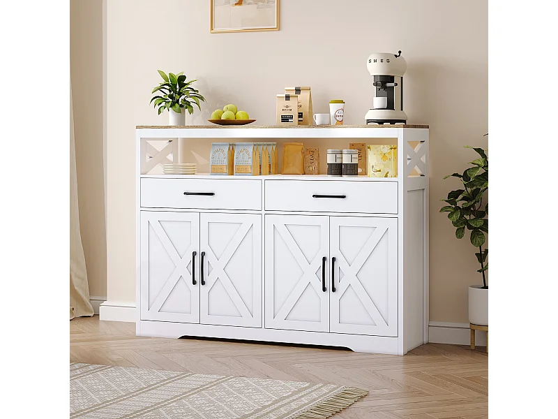 Aparador branco e de madeira com 2 gavetas, 2 portas e prateleiras abertas - design elegante, armazenamento funcional e otimização de espaço.