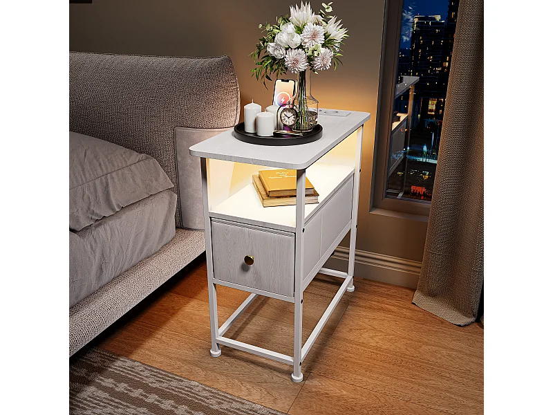Table d'appoint LED blanche avec tiroir unique et prise EU – Design moderne, rangement pratique et fonctionnalités high-tec