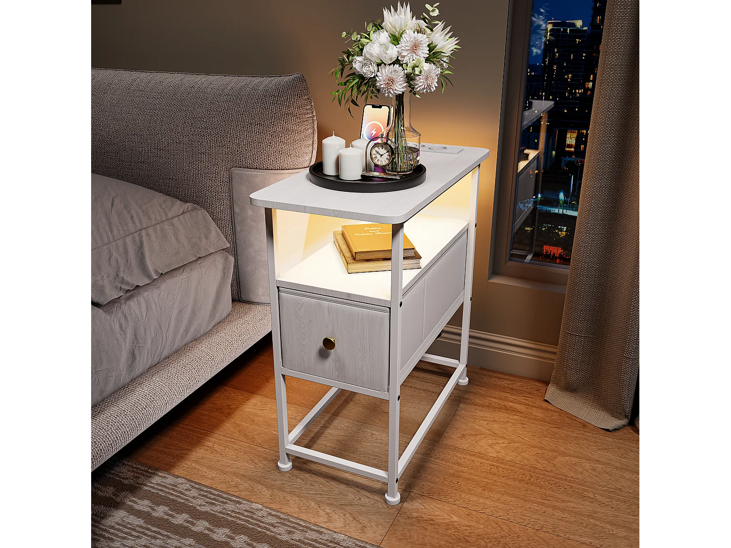 Table d'appoint LED blanche avec tiroir unique et prise EU – Design moderne, rangement pratique et fonctionnalités high-tec