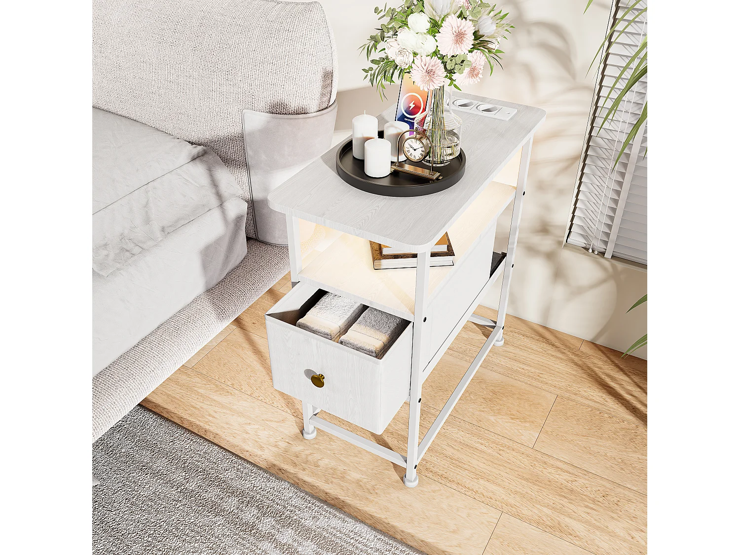 Table d'appoint LED blanche avec tiroir unique et prise EU – Design moderne, rangement pratique et fonctionnalités high-tec