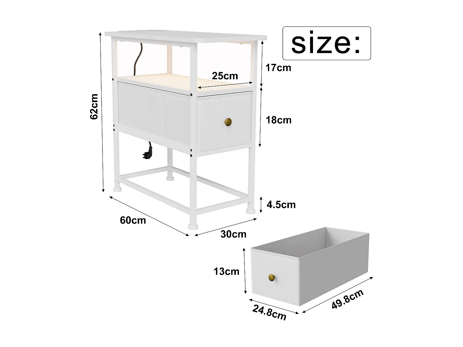 Table d'appoint LED blanche avec tiroir unique et prise EU – Design moderne, rangement pratique et fonctionnalités high-tec