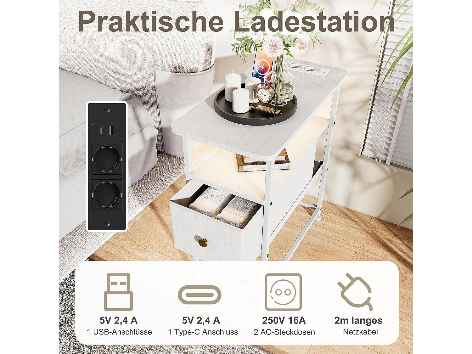 Table d'appoint LED blanche avec tiroir unique et prise EU – Design moderne, rangement pratique et fonctionnalités high-tec