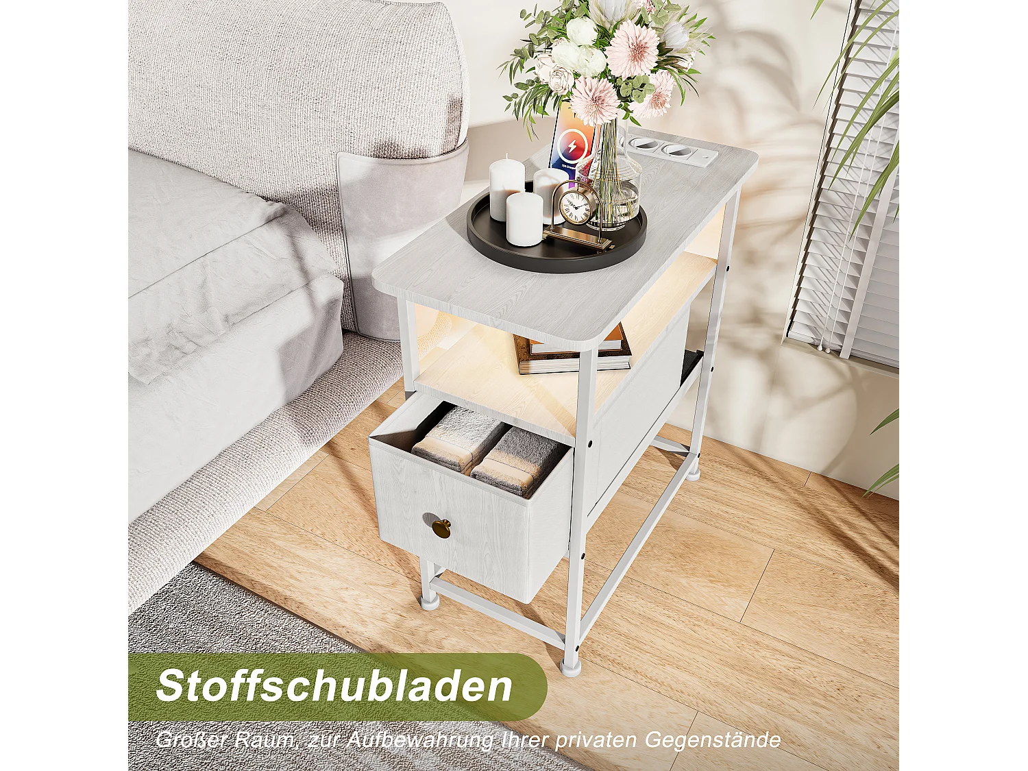 Table d'appoint LED blanche avec tiroir unique et prise EU – Design moderne, rangement pratique et fonctionnalités high-tec