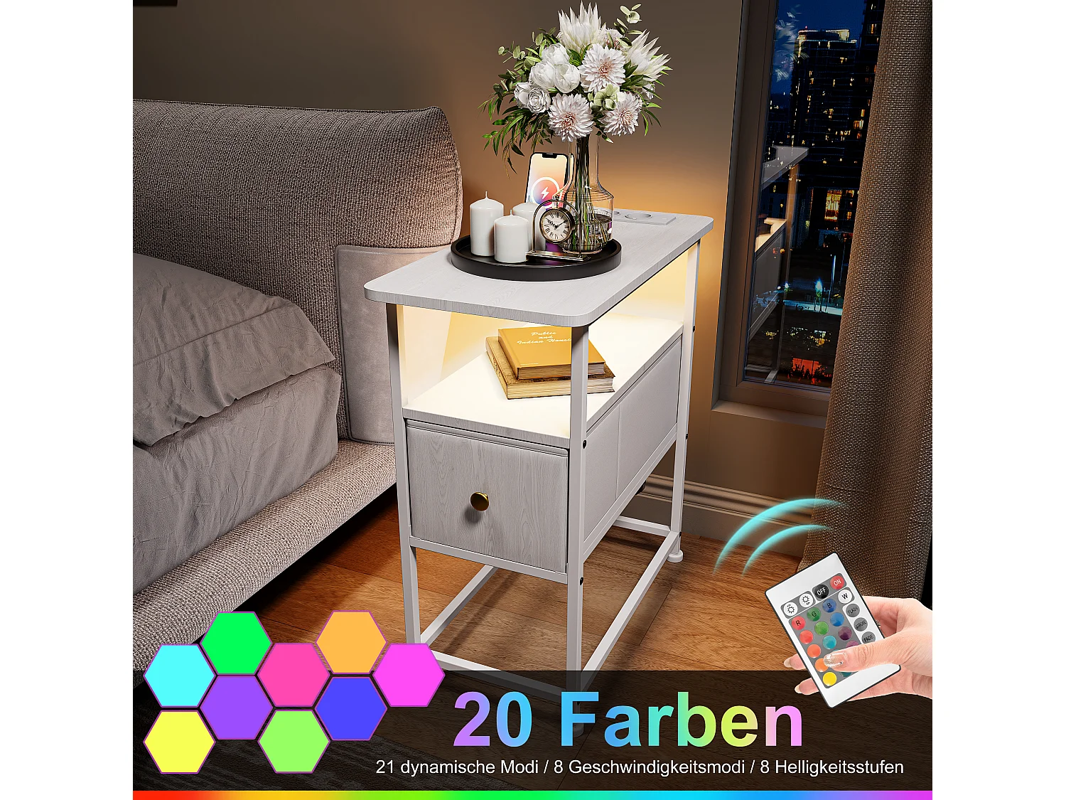 Table d'appoint LED blanche avec tiroir unique et prise EU – Design moderne, rangement pratique et fonctionnalités high-tec