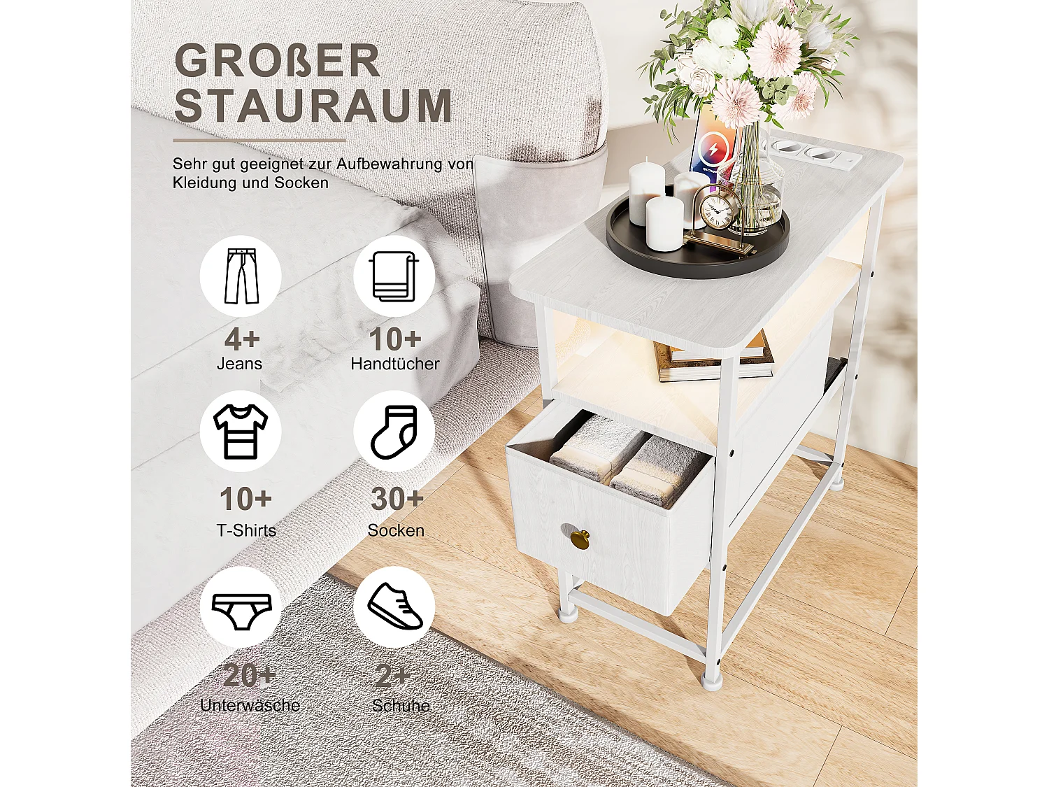 Table d'appoint LED blanche avec tiroir unique et prise EU – Design moderne, rangement pratique et fonctionnalités high-tec