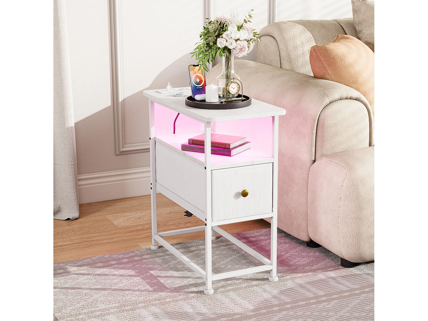 Table d'appoint LED blanche avec tiroir unique et prise EU – Design moderne, rangement pratique et fonctionnalités high-tec