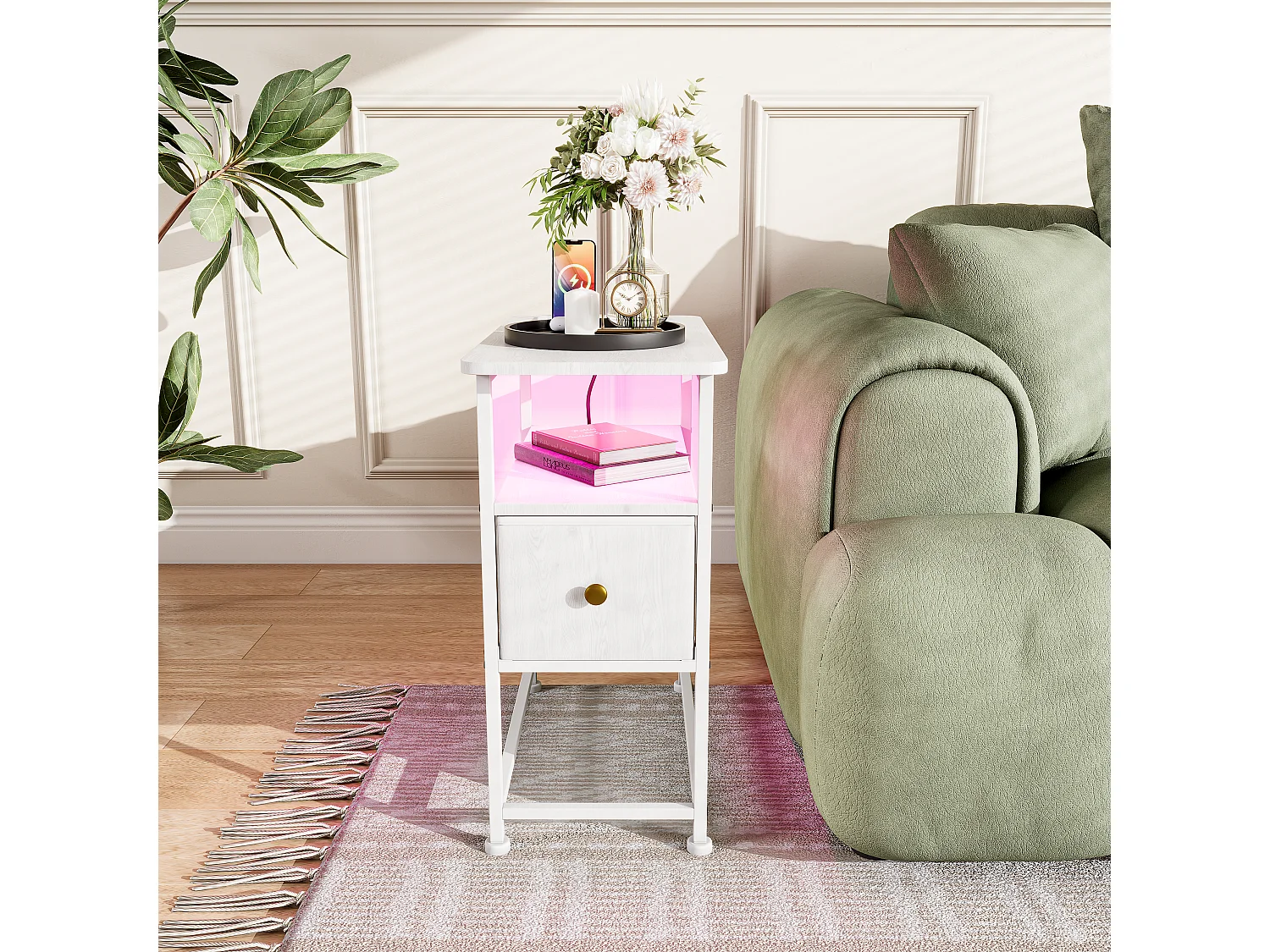 Table d'appoint LED blanche avec tiroir unique et prise EU – Design moderne, rangement pratique et fonctionnalités high-tec