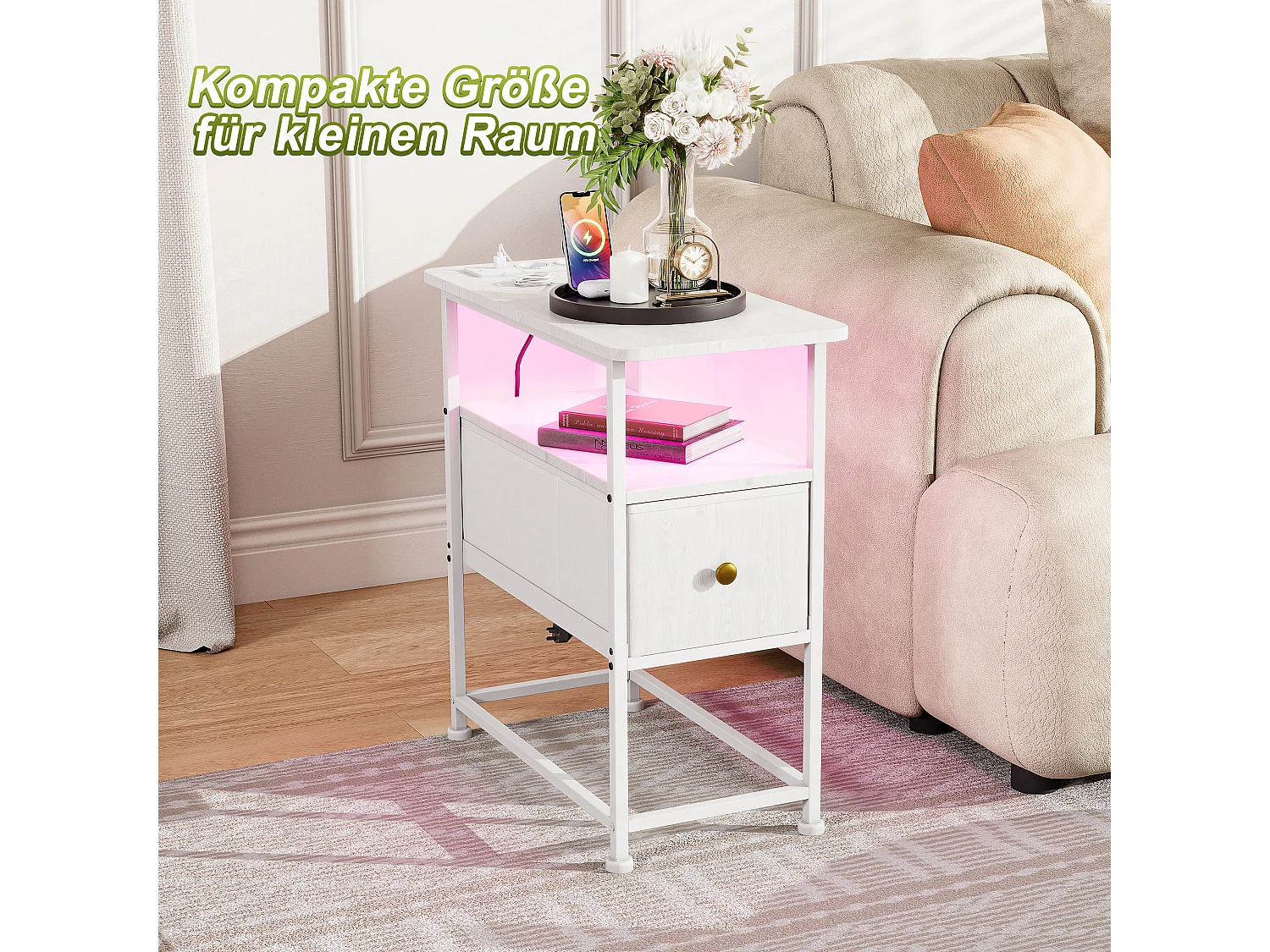 Table d'appoint LED blanche avec tiroir unique et prise EU – Design moderne, rangement pratique et fonctionnalités high-tec