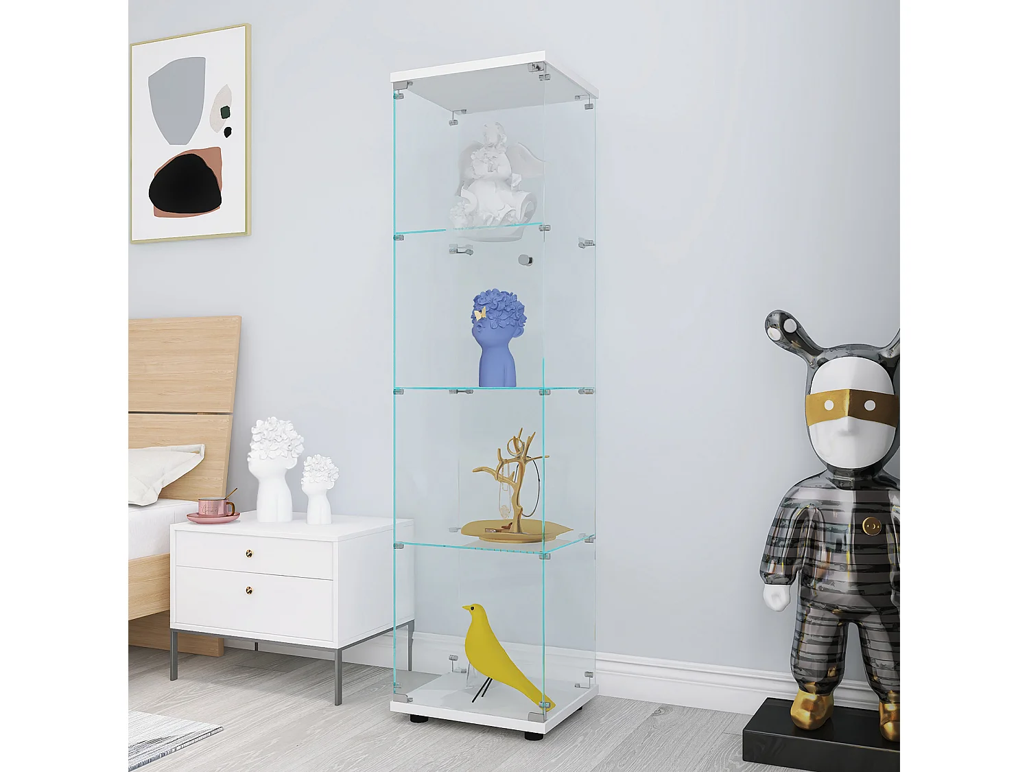 Vitrine à 4 étagères avec porte en verre trempé, sur pied, Bibliothèque et vitrine décorative pour salon, chambre ou bureau
