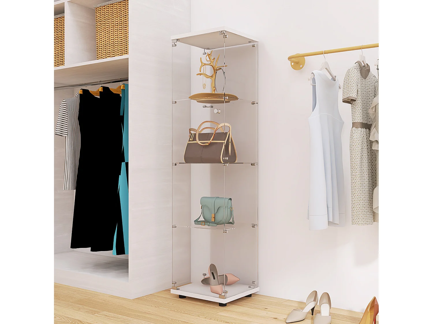 Vitrine à 4 étagères avec porte en verre trempé, sur pied, Bibliothèque et vitrine décorative pour salon, chambre ou bureau