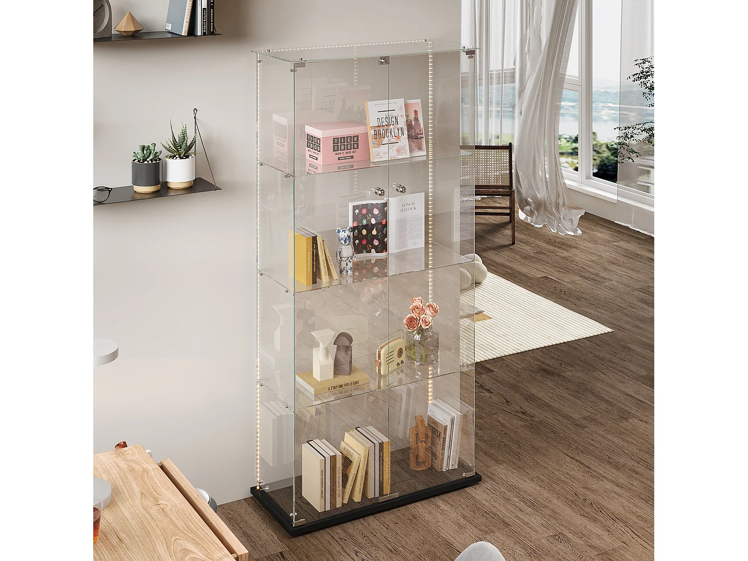 Vetrina a quattro ripiani con doppia anta, illuminazione LED integrata, sfondo nero, vetro temperato ad alta trasparenza – Design moderno ed elegante