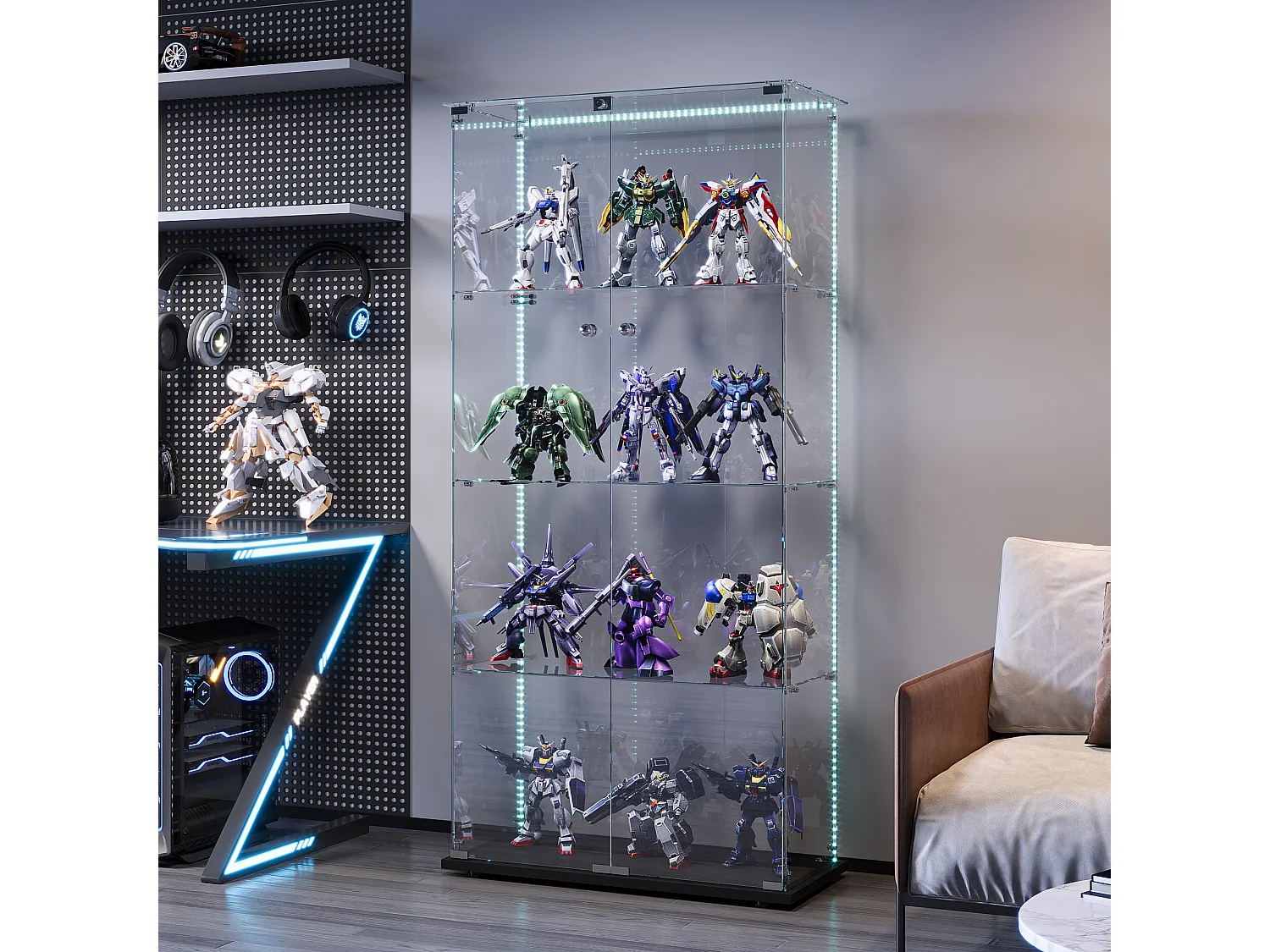 Vetrina a quattro ripiani con doppia anta, illuminazione LED integrata, sfondo nero, vetro temperato ad alta trasparenza – Design moderno ed elegante