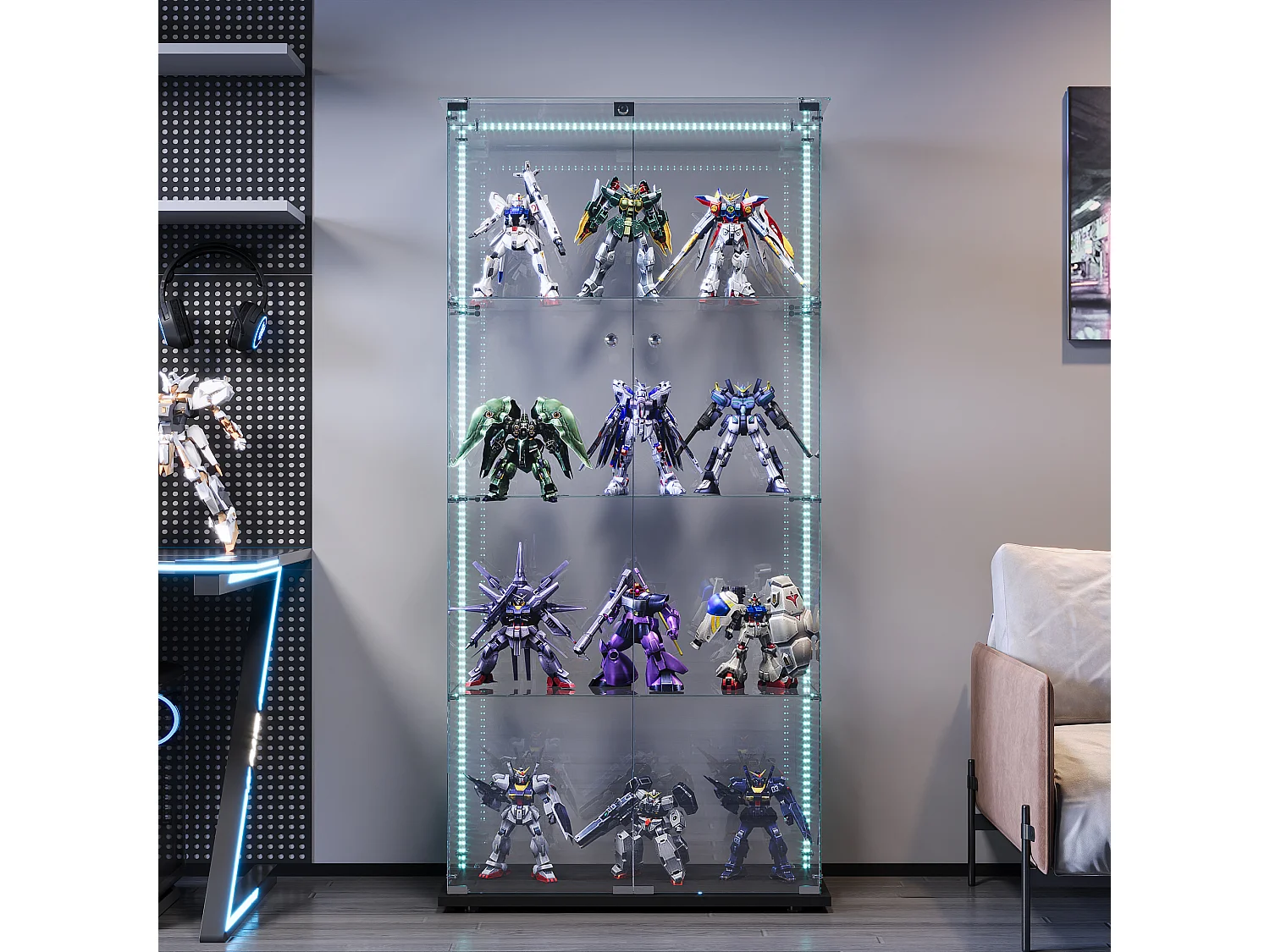 Vetrina a quattro ripiani con doppia anta, illuminazione LED integrata, sfondo nero, vetro temperato ad alta trasparenza – Design moderno ed elegante