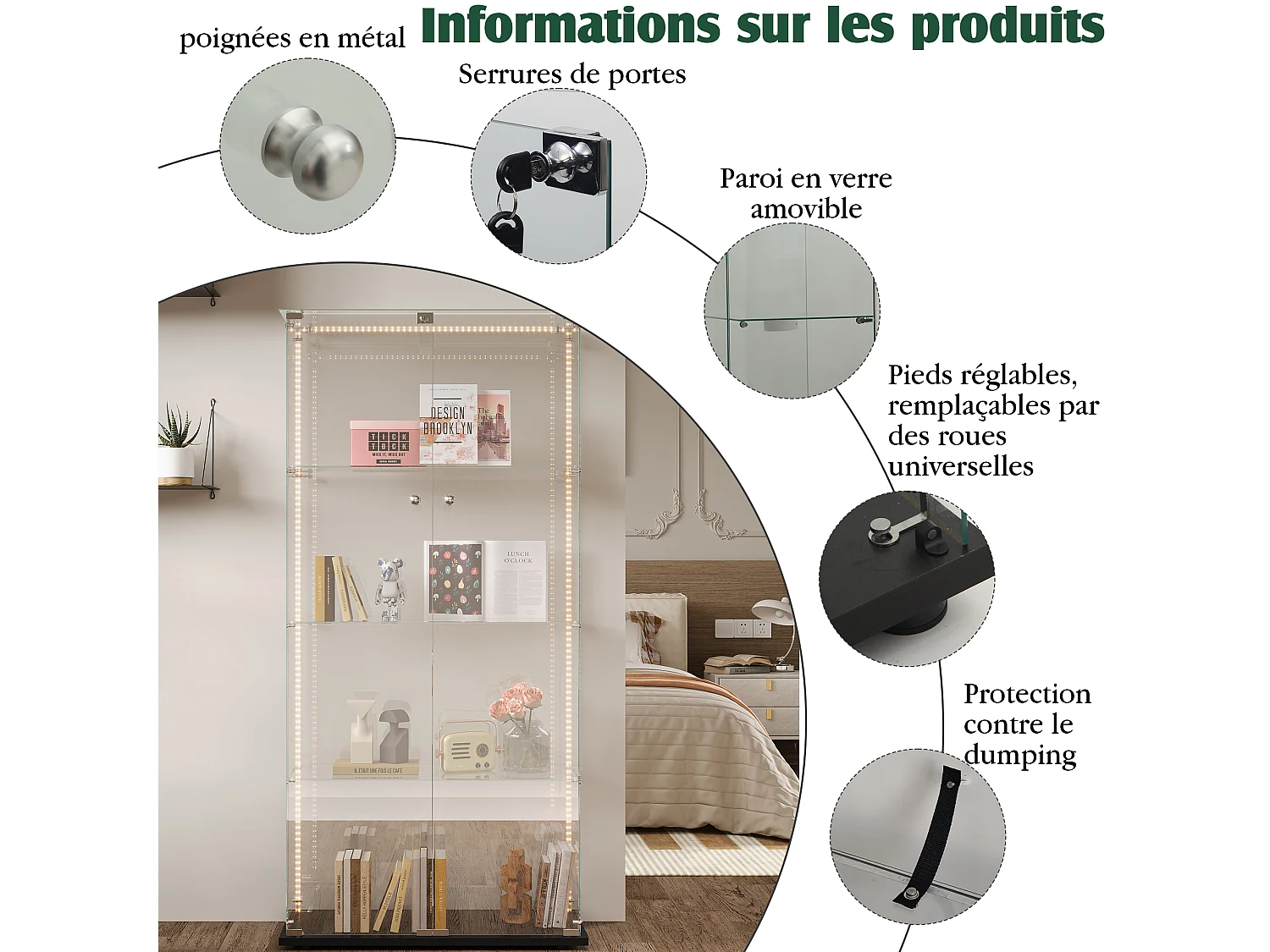 Vetrina a quattro ripiani con doppia anta, illuminazione LED integrata, sfondo nero, vetro temperato ad alta trasparenza – Design moderno ed elegante