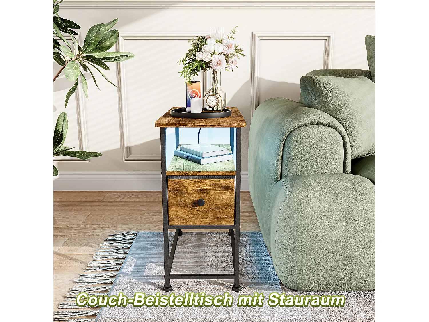 Tavolino laterale a LED color pelle di tigre con cassetto singolo e spina UE: design moderno, funzionale e di alta qualità