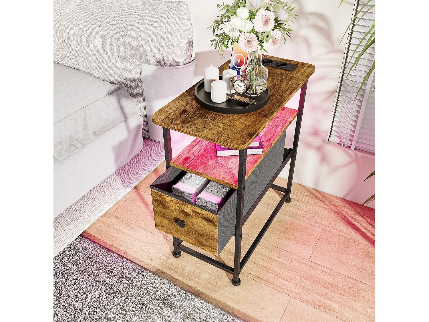 Table d’appoint LED couleur peau de tigre avec tiroir unique et prise EU – Design moderne, fonctionnel et haute qualité